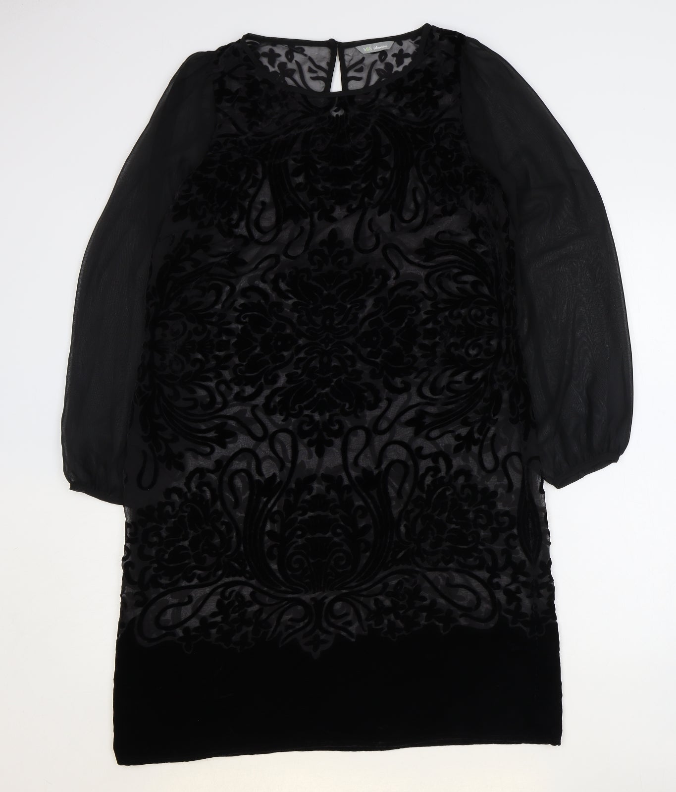 Marks and Spencer Womens Black Paisley Viscose Sheath Size 12 Boat Neck Button - Sheer Sleeves