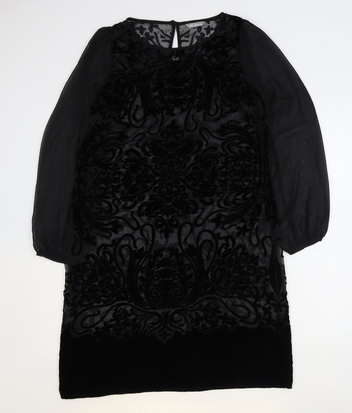 Marks and Spencer Womens Black Paisley Viscose Sheath Size 12 Boat Neck Button - Sheer Sleeves