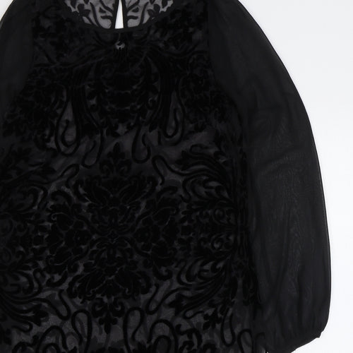Marks and Spencer Womens Black Paisley Viscose Sheath Size 12 Boat Neck Button - Sheer Sleeves
