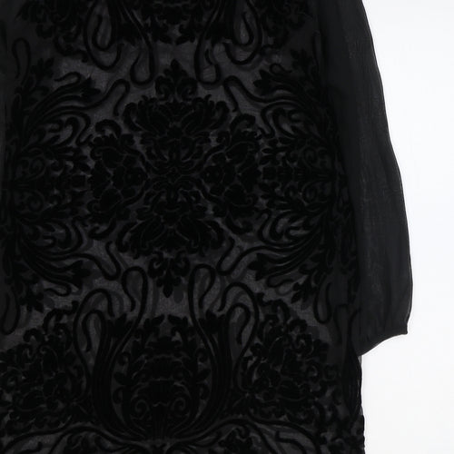 Marks and Spencer Womens Black Paisley Viscose Sheath Size 12 Boat Neck Button - Sheer Sleeves