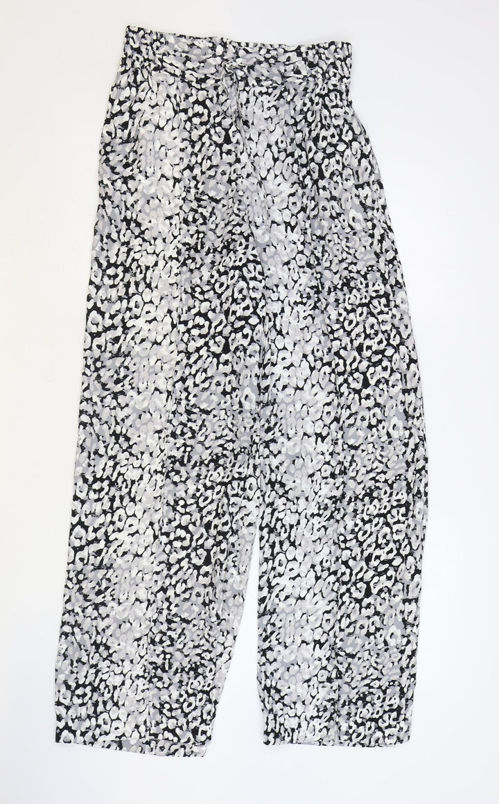 Marks and Spencer Womens Grey Animal Print Polyester Trousers Size 8 Regular Drawstring - Leopard Pattern