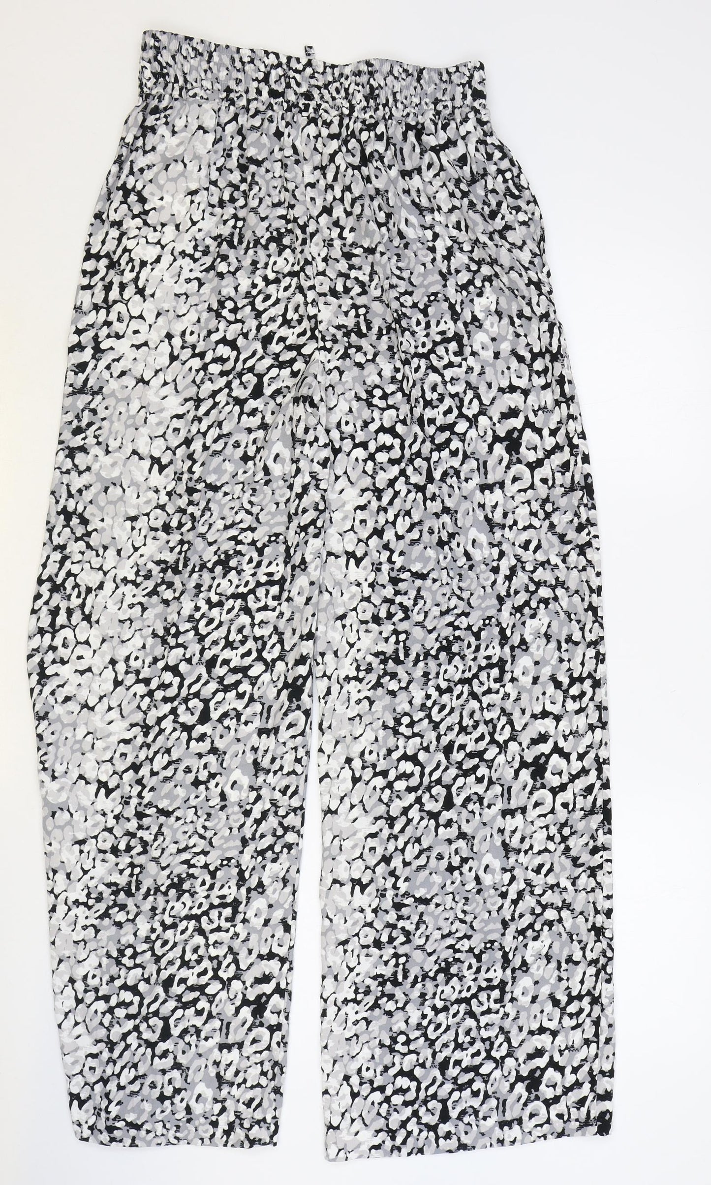 Marks and Spencer Womens Grey Animal Print Polyester Trousers Size 8 Regular Drawstring - Leopard Pattern