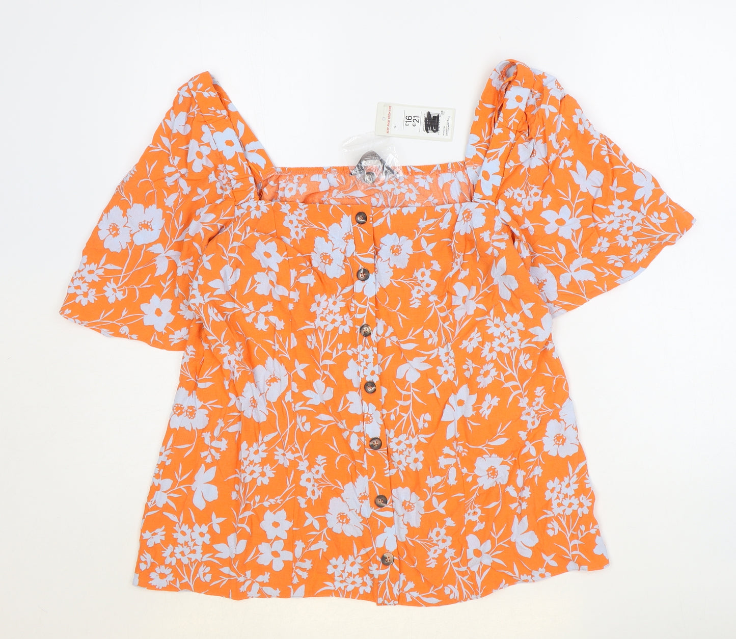 F&F Womens Orange Floral Viscose Basic Button-Up Size 14 Square Neck