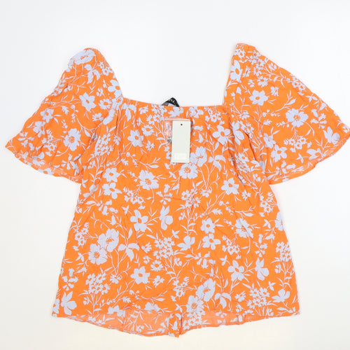 F&F Womens Orange Floral Viscose Basic Button-Up Size 14 Square Neck