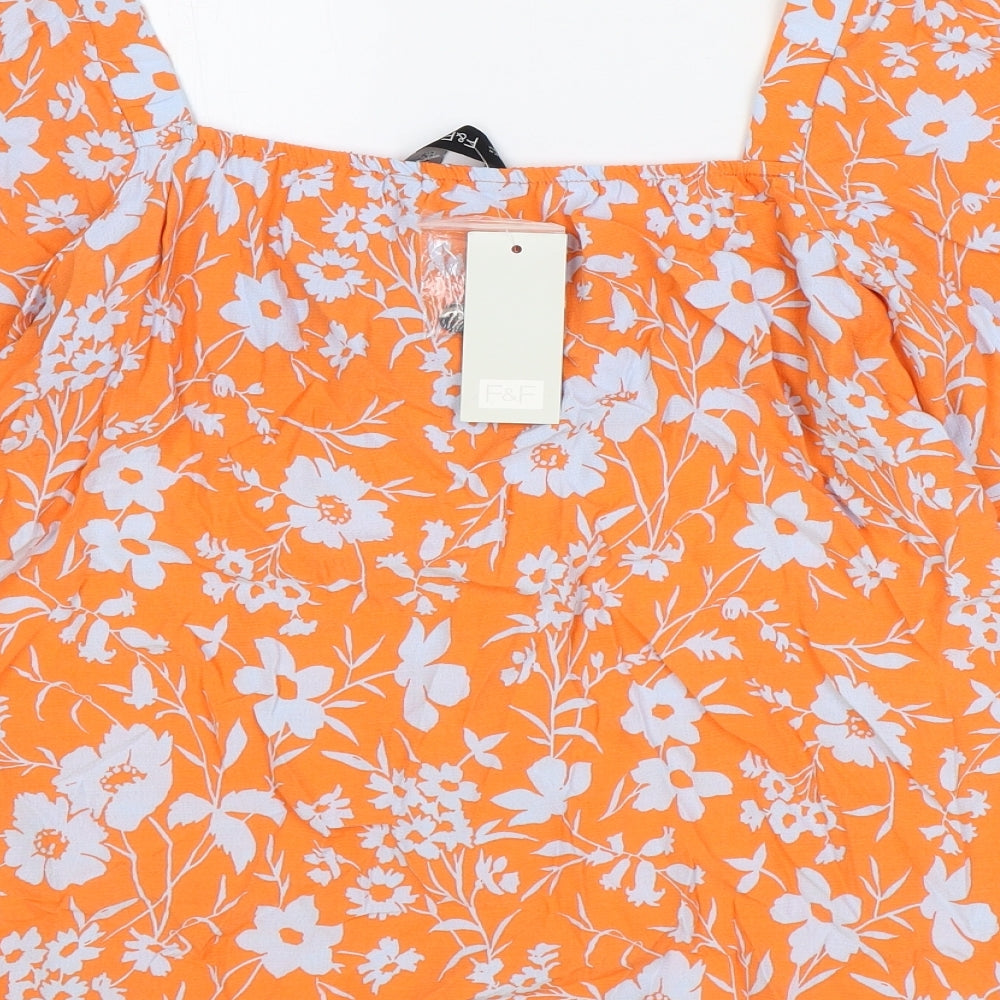 F&F Womens Orange Floral Viscose Basic Button-Up Size 14 Square Neck