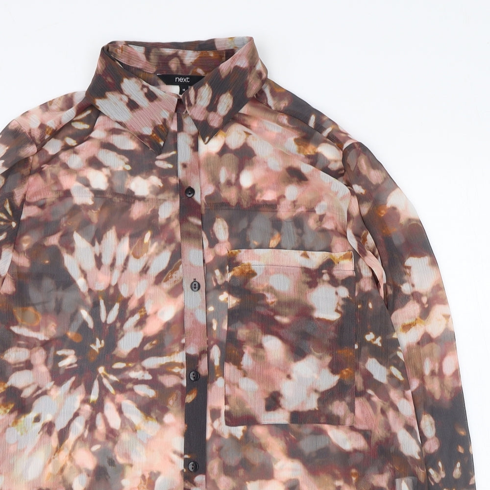 NEXT Womens Brown Geometric Polyester Basic Button-Up Size 16 Collared