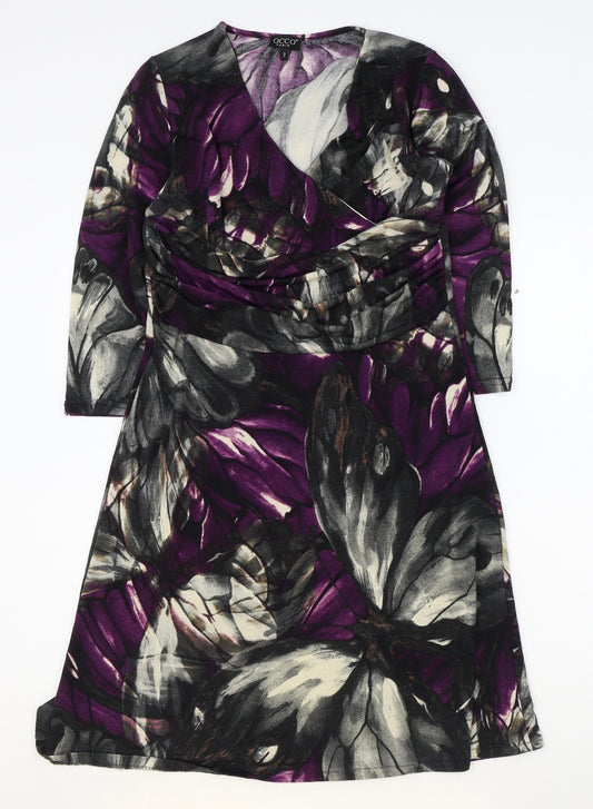 Occo Paris Womens Purple Geometric Polyester A-Line Size S V-Neck Pullover - Wrap Front