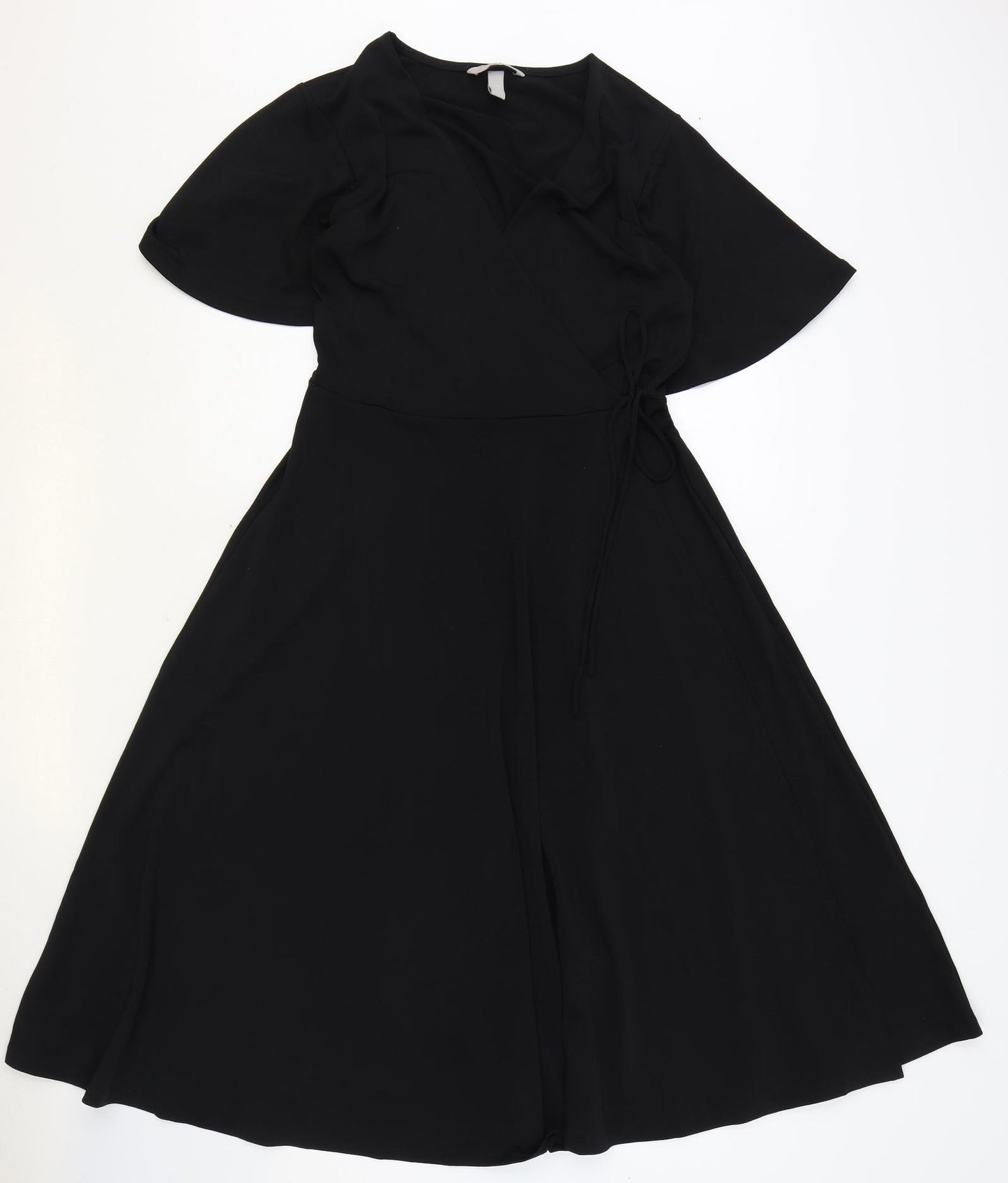 H&M Womens Black Polyester Wrap Dress Size S V-Neck Tie