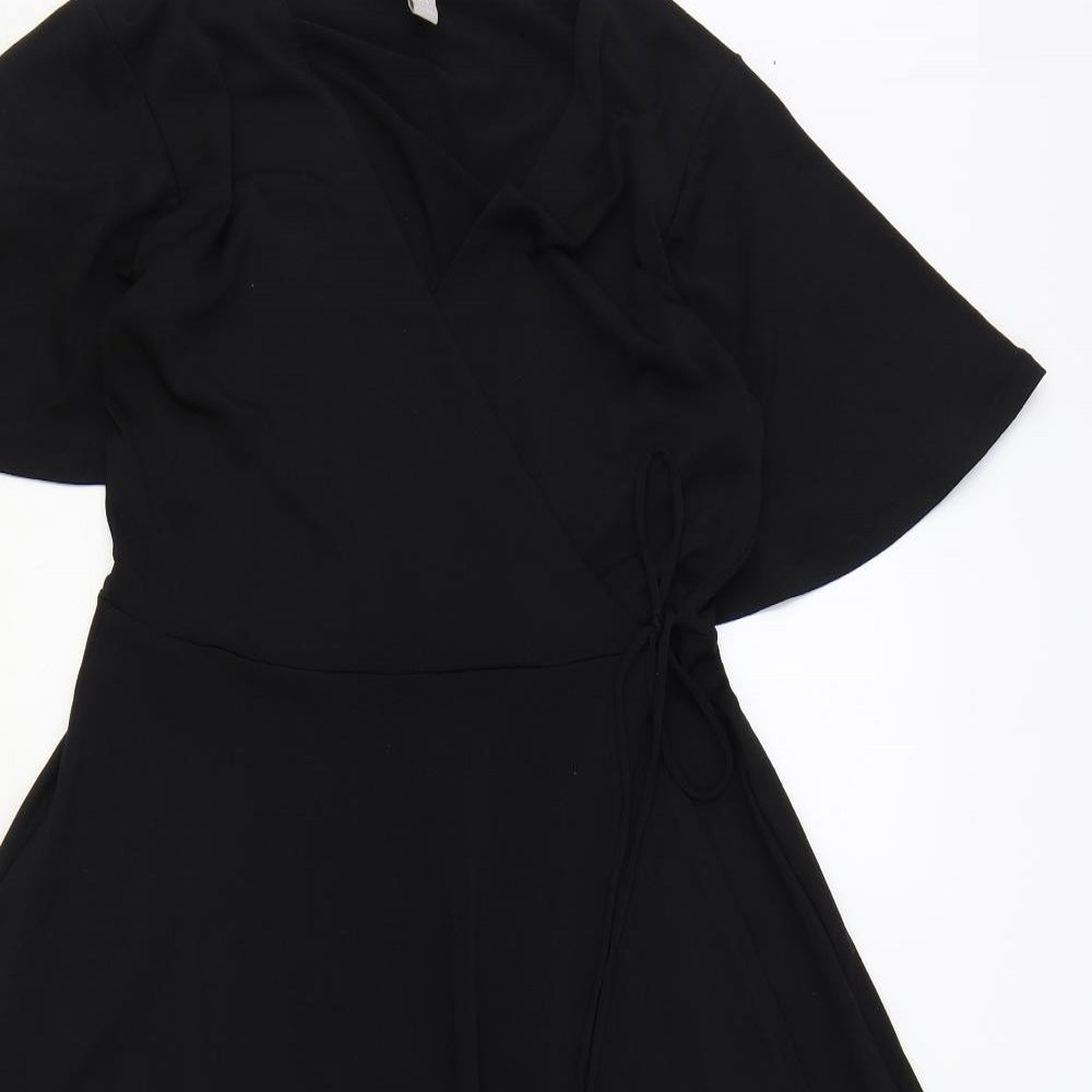 H&M Womens Black Polyester Wrap Dress Size S V-Neck Tie