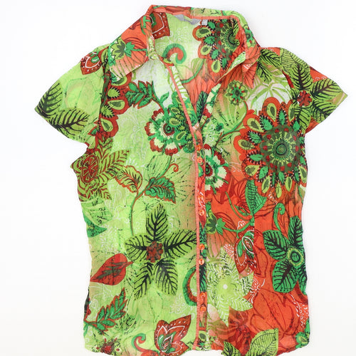 Preworn Womens Green Floral Polyester Basic Button-Up Size 10 Collared