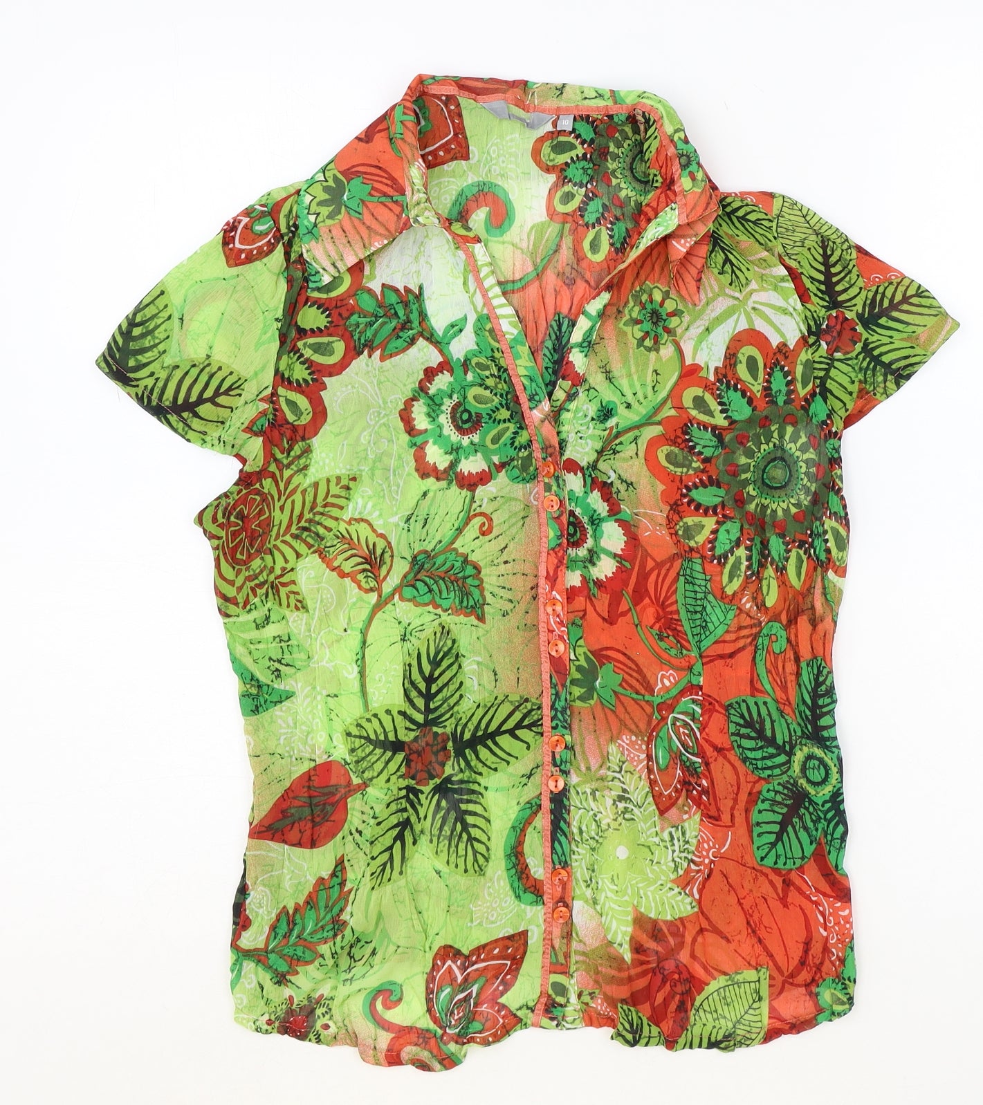 Preworn Womens Green Floral Polyester Basic Button-Up Size 10 Collared
