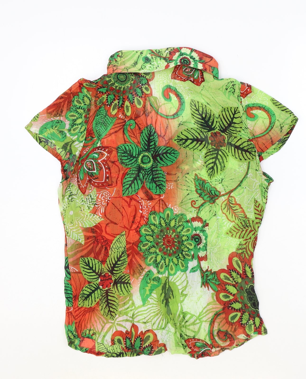 Preworn Womens Green Floral Polyester Basic Button-Up Size 10 Collared