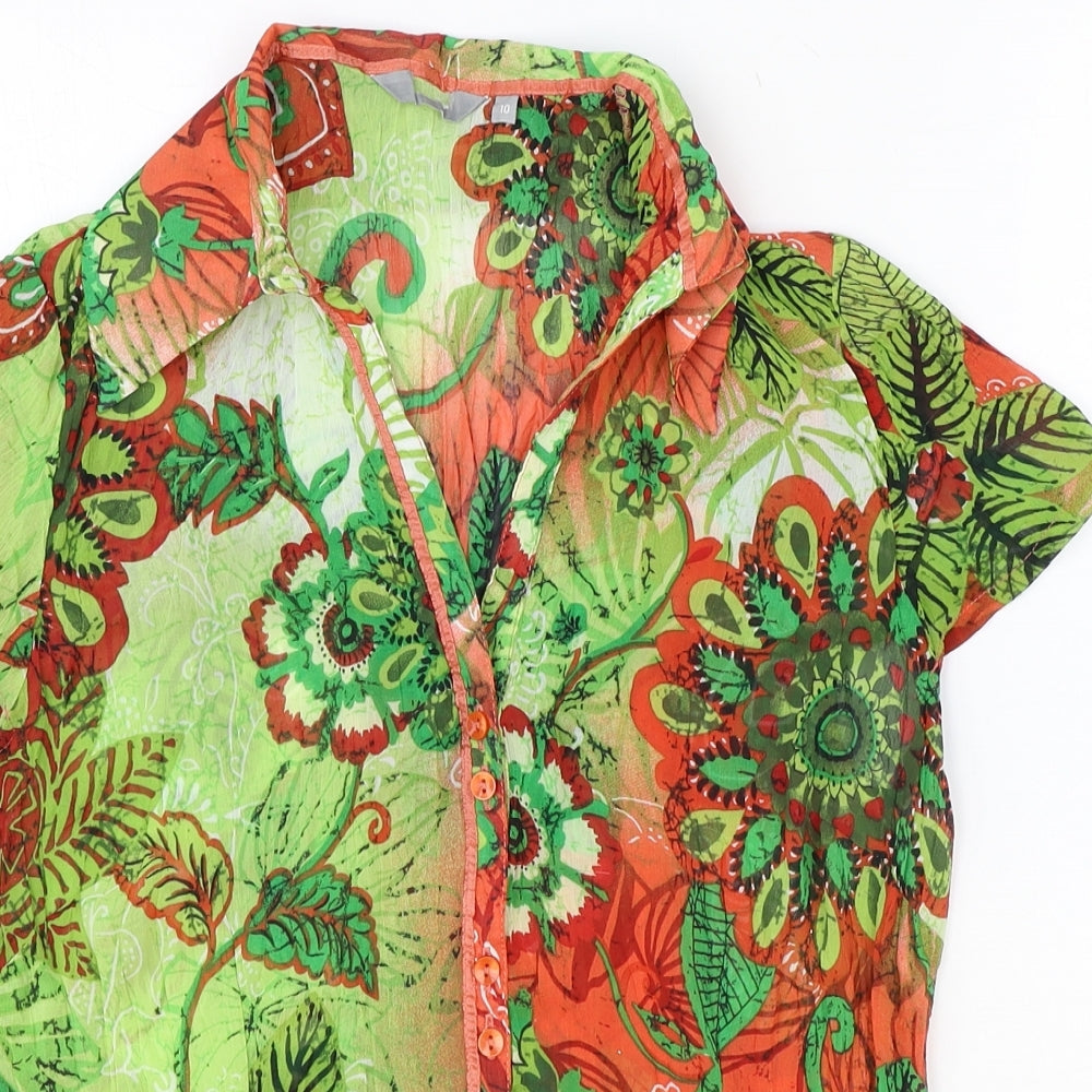 Preworn Womens Green Floral Polyester Basic Button-Up Size 10 Collared