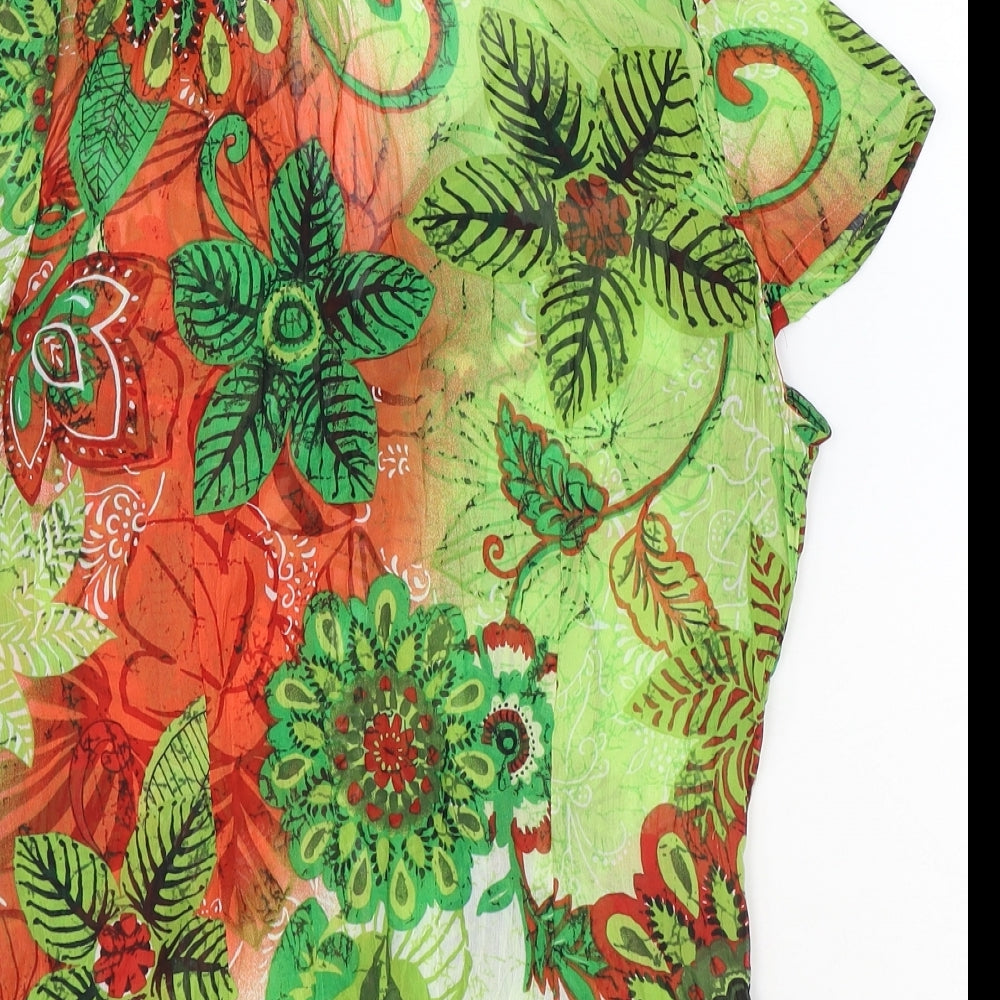 Preworn Womens Green Floral Polyester Basic Button-Up Size 10 Collared