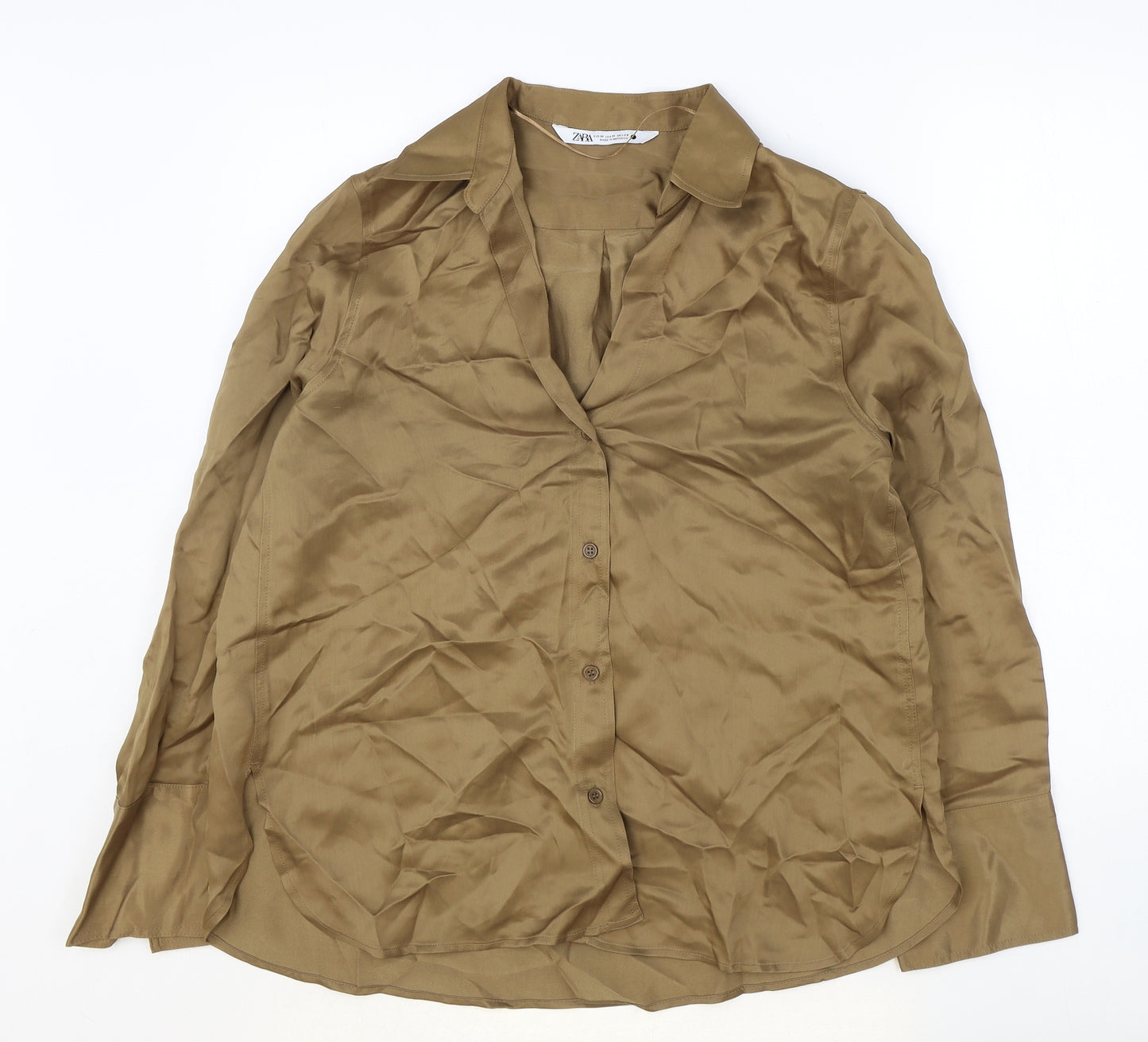 Zara Womens Brown Viscose Basic Button-Up Size M Collared