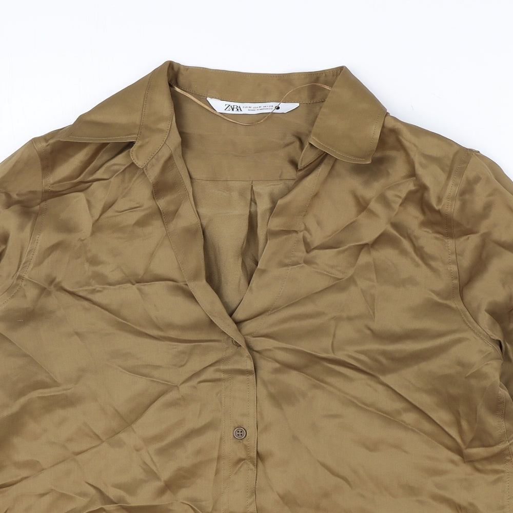 Zara Womens Brown Viscose Basic Button-Up Size M Collared