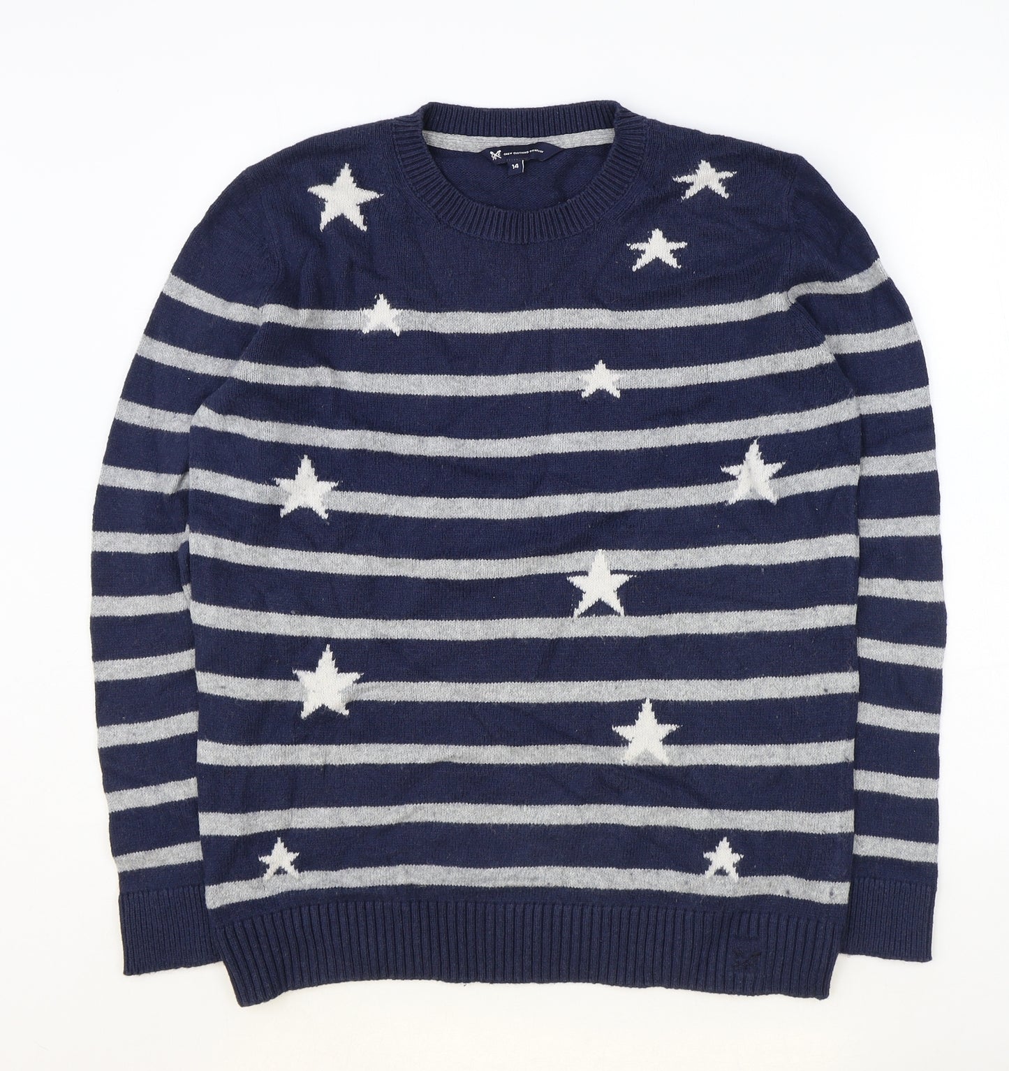 Crew Clothing Womens Blue Round Neck Striped Acrylic Pullover Jumper Size 14 - Star Print