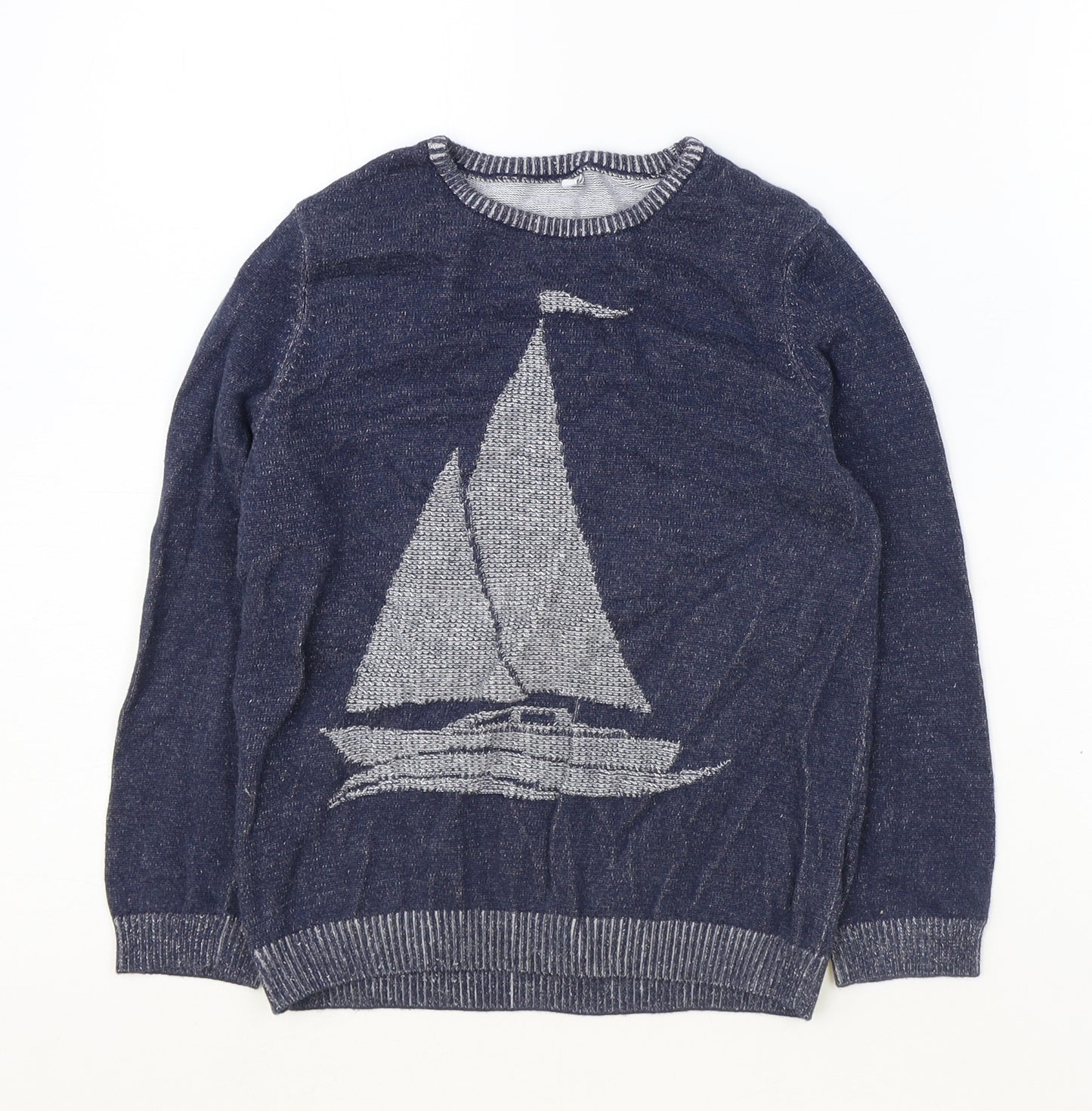 Marks and Spencer Boys Blue Round Neck 100% Cotton Pullover Jumper Size 6-7 Years Pullover - Boat