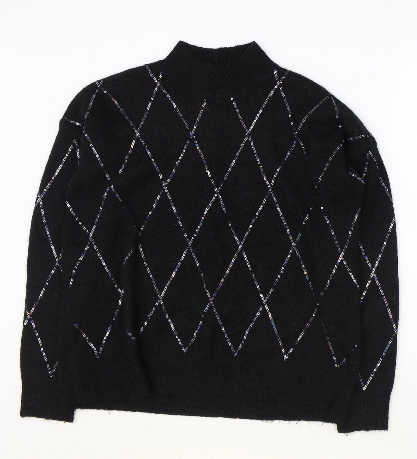 NEXT Womens Black Mock Neck Plaid Acrylic Pullover Jumper Size M