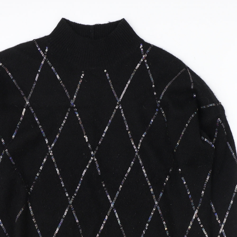 NEXT Womens Black Mock Neck Plaid Acrylic Pullover Jumper Size M