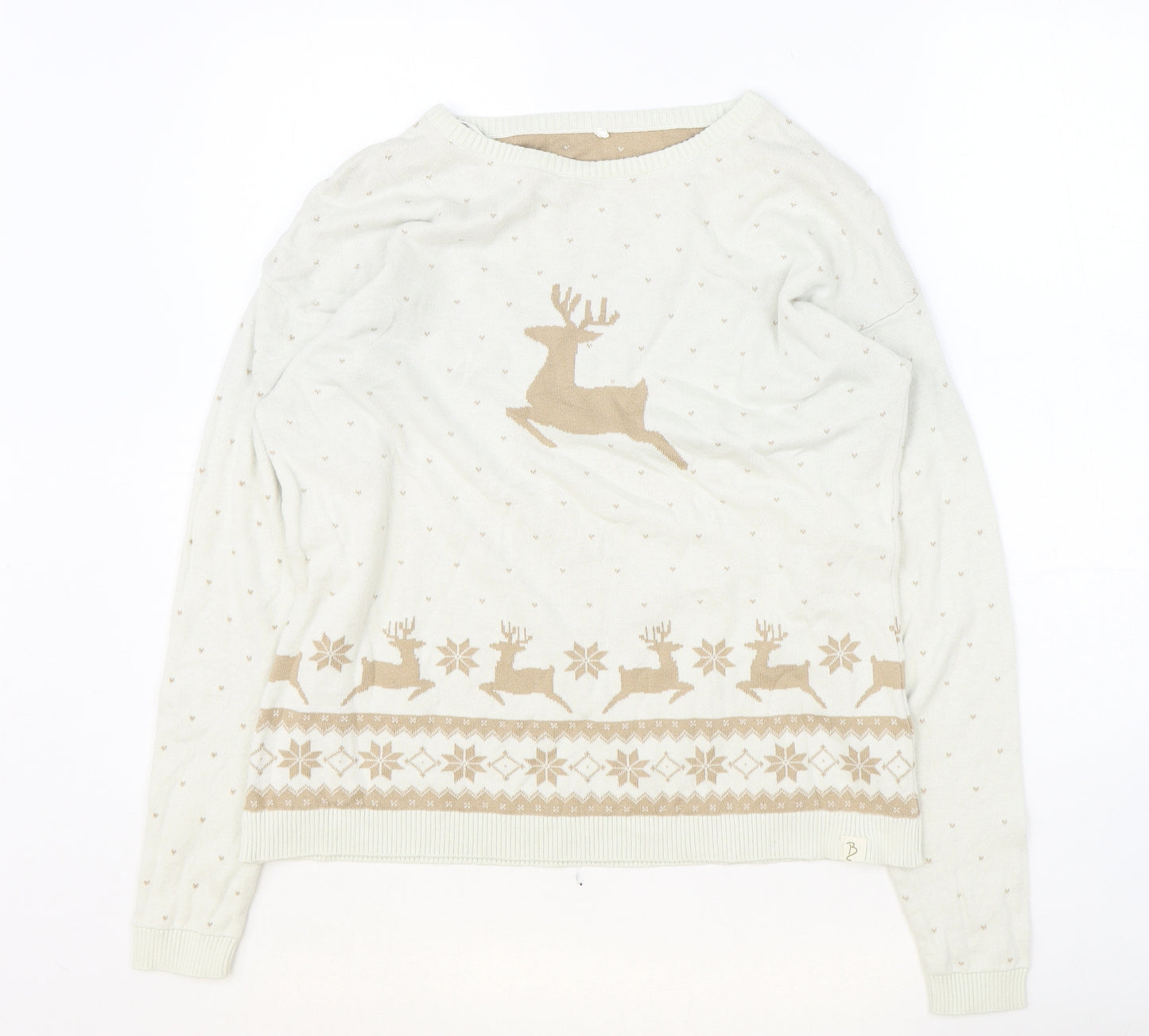 George Womens Ivory Round Neck 100% Cotton Pullover Jumper Size M - Christmas Reindeer