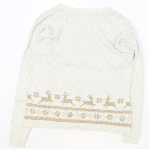 George Womens Ivory Round Neck 100% Cotton Pullover Jumper Size M - Christmas Reindeer