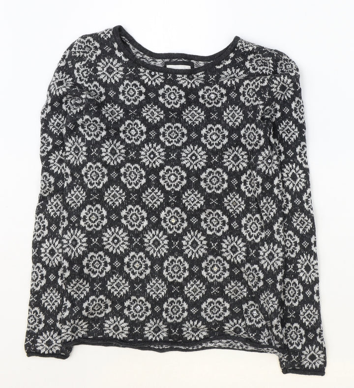 H&M Womens Grey Round Neck Geometric Cotton Pullover Jumper Size S