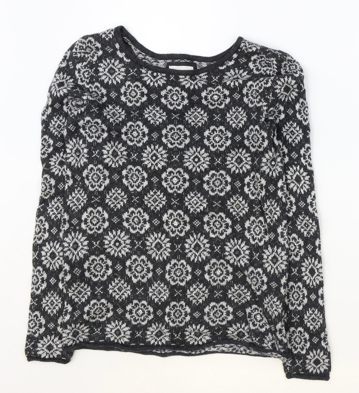 H&M Womens Grey Round Neck Geometric Cotton Pullover Jumper Size S