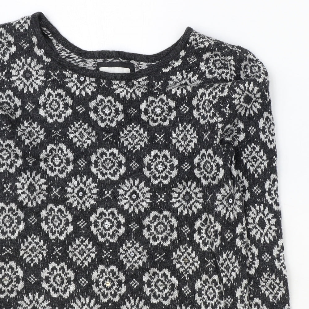 H&M Womens Grey Round Neck Geometric Cotton Pullover Jumper Size S