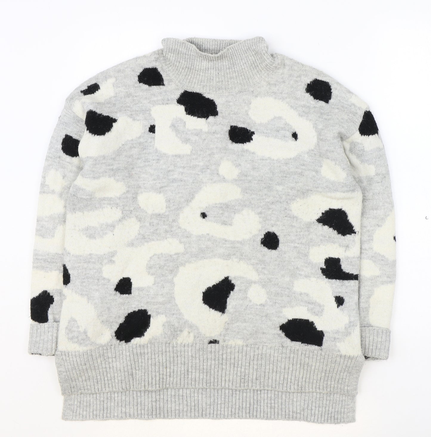 Marks and Spencer Womens Grey High Neck Animal Print Acrylic Pullover Jumper Size M - Leopard Print