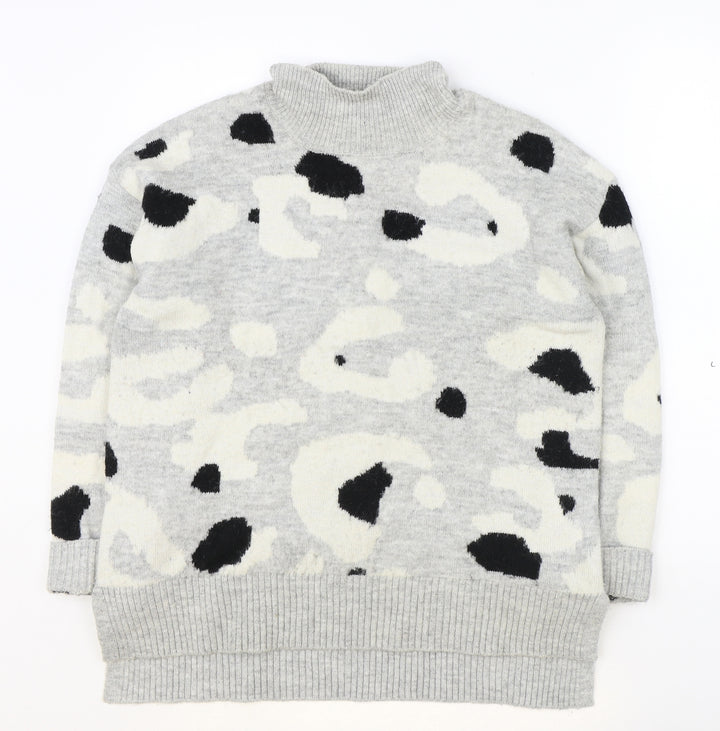 Marks and Spencer Womens Grey High Neck Animal Print Acrylic Pullover Jumper Size M - Leopard Print