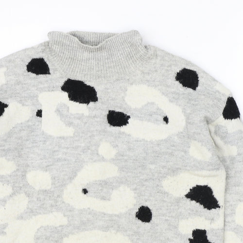 Marks and Spencer Womens Grey High Neck Animal Print Acrylic Pullover Jumper Size M - Leopard Print