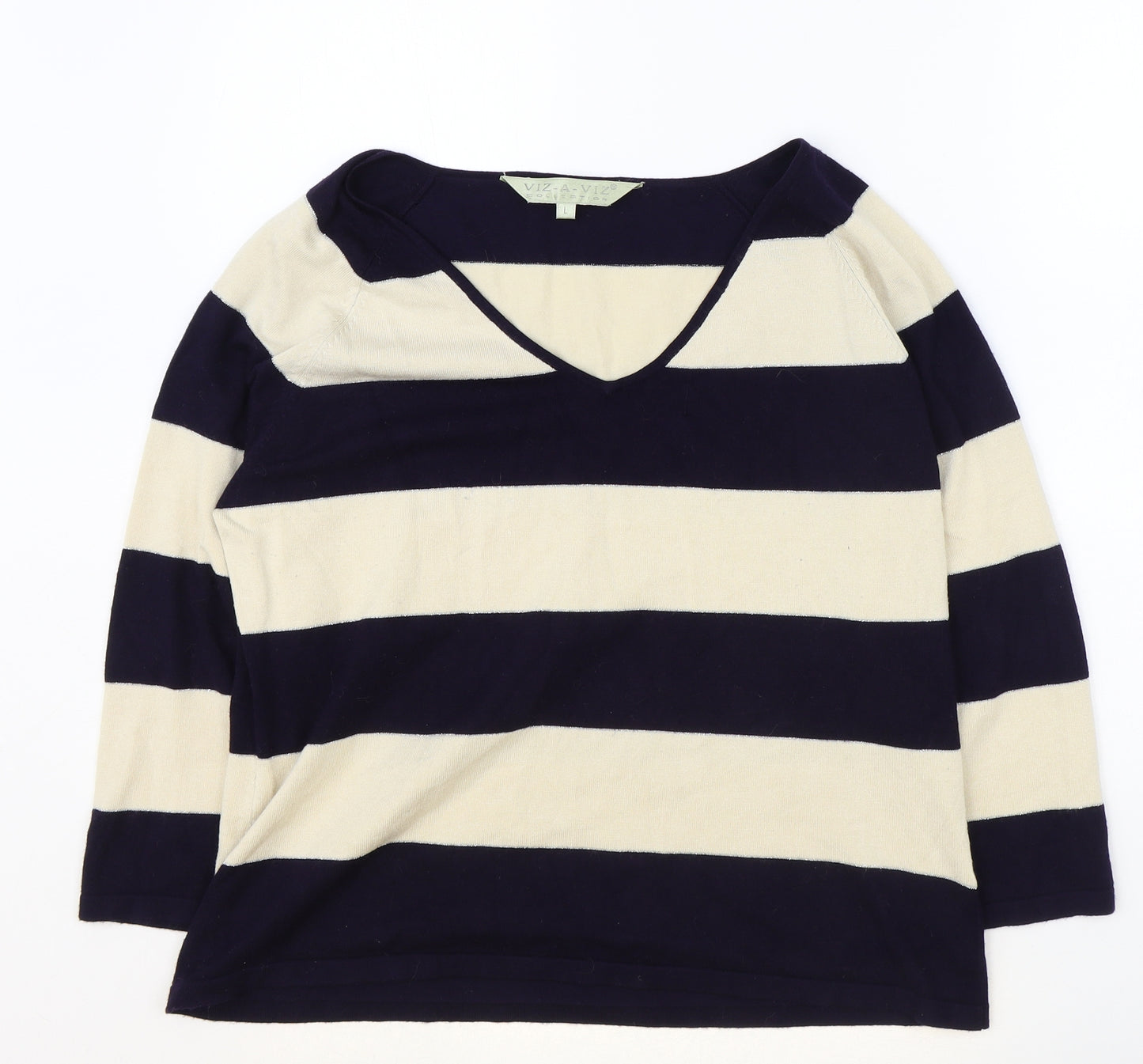 Viz-a-Viz Womens Black V-Neck Striped Viscose Pullover Jumper Size L