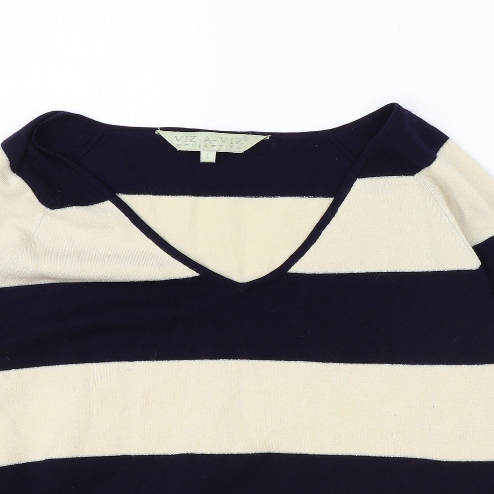 Viz-a-Viz Womens Black V-Neck Striped Viscose Pullover Jumper Size L