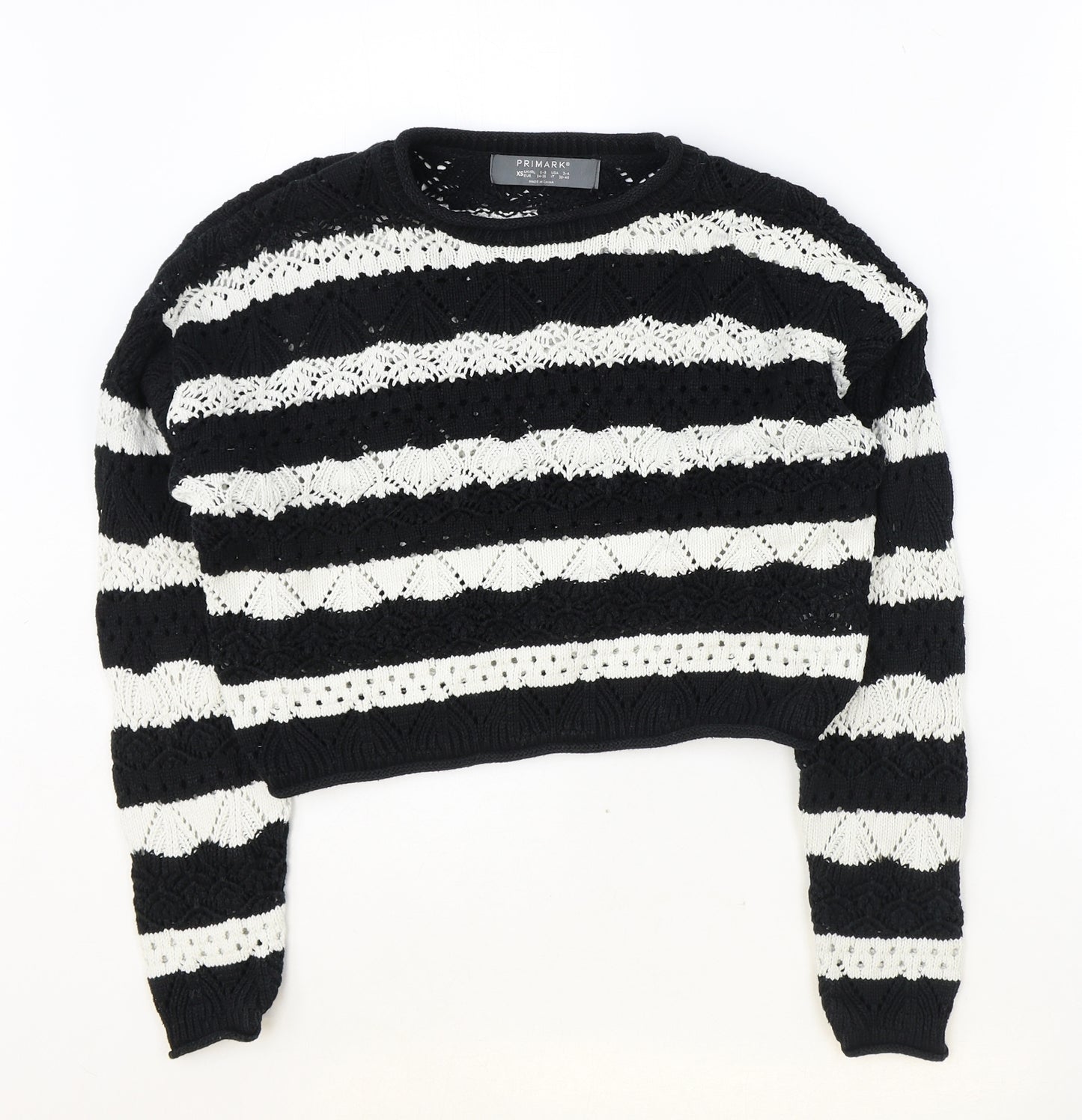 Primark Womens Black Round Neck Geometric Cotton Pullover Jumper Size XS