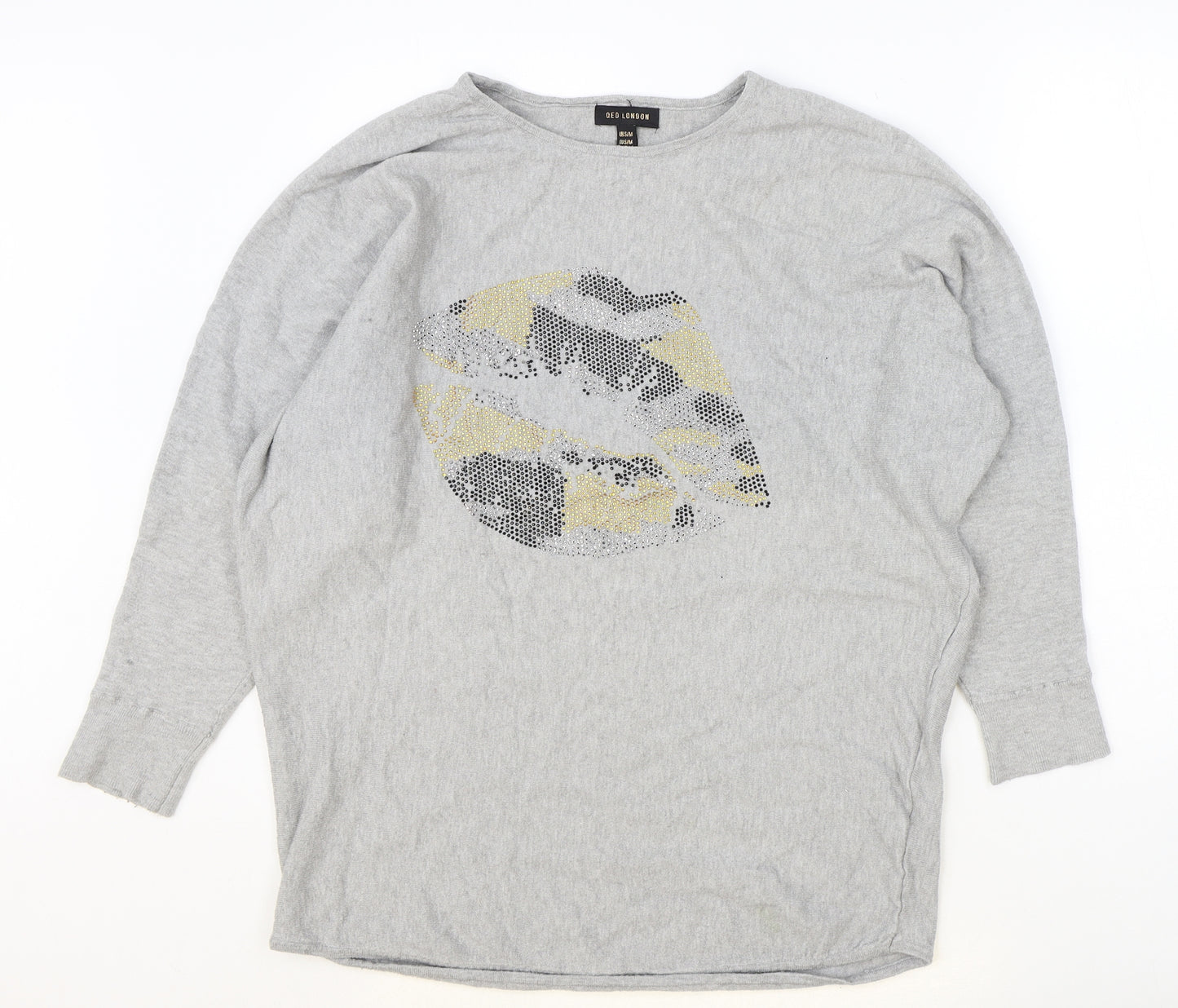 QED London Womens Grey Viscose Basic Blouse Size S Boat Neck - Lips Motif