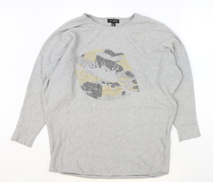 QED London Womens Grey Viscose Basic Blouse Size S Boat Neck - Lips Motif