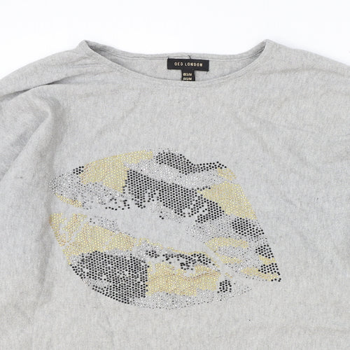 QED London Womens Grey Viscose Basic Blouse Size S Boat Neck - Lips Motif
