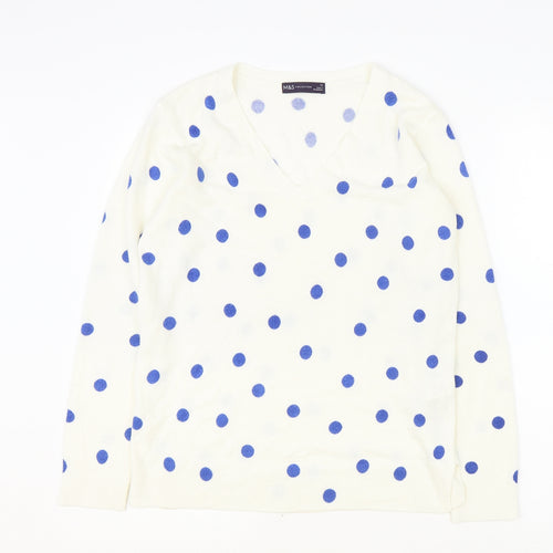 Marks and Spencer Womens Ivory V-Neck Polka Dot Acrylic Pullover Jumper Size 12