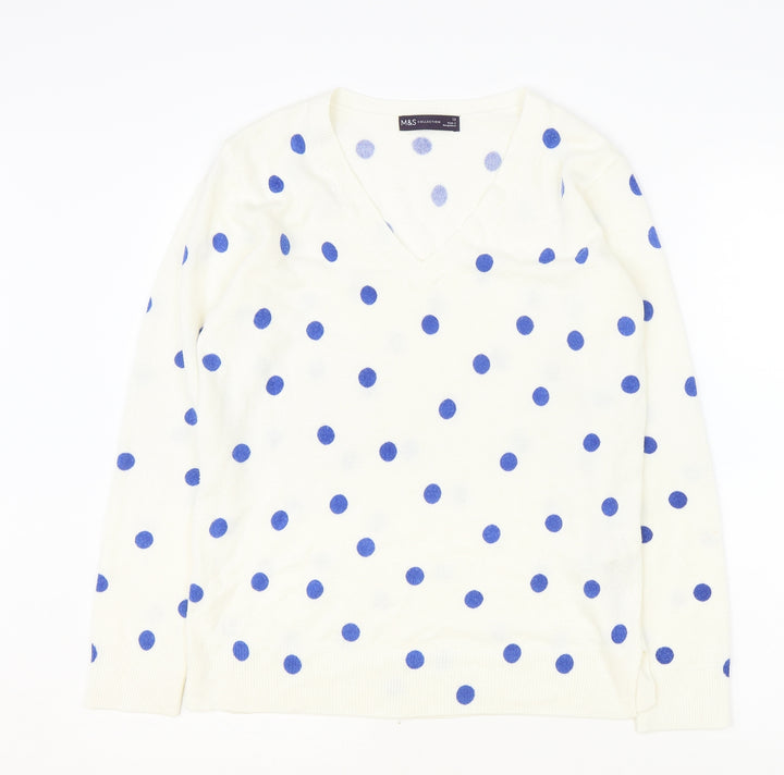 Marks and Spencer Womens Ivory V-Neck Polka Dot Acrylic Pullover Jumper Size 12