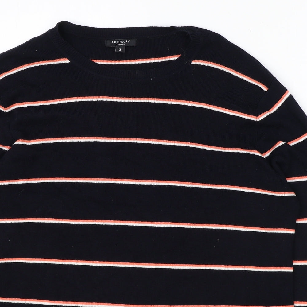 Therapy Womens Blue Striped Viscose Basic T-Shirt Size S Round Neck