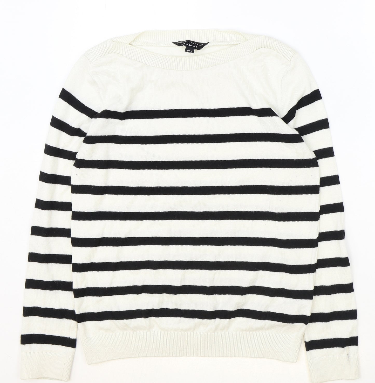 Dorothy Perkins Womens White Round Neck Striped Cotton Pullover Jumper Size 8