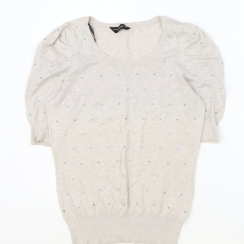 Dorothy Perkins Womens Beige Polka Dot Cotton Basic T-Shirt Size 12 Round Neck