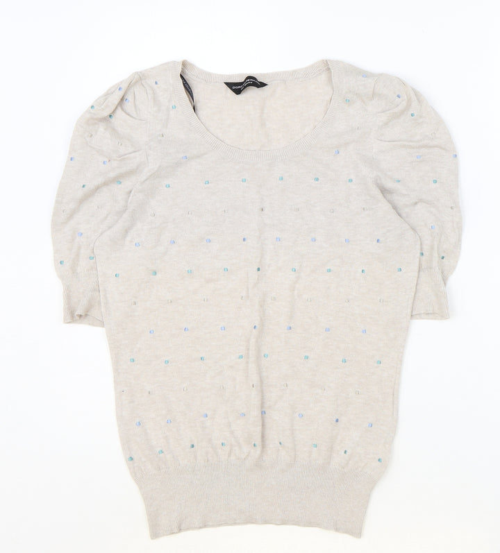 Dorothy Perkins Womens Beige Polka Dot Cotton Basic T-Shirt Size 12 Round Neck