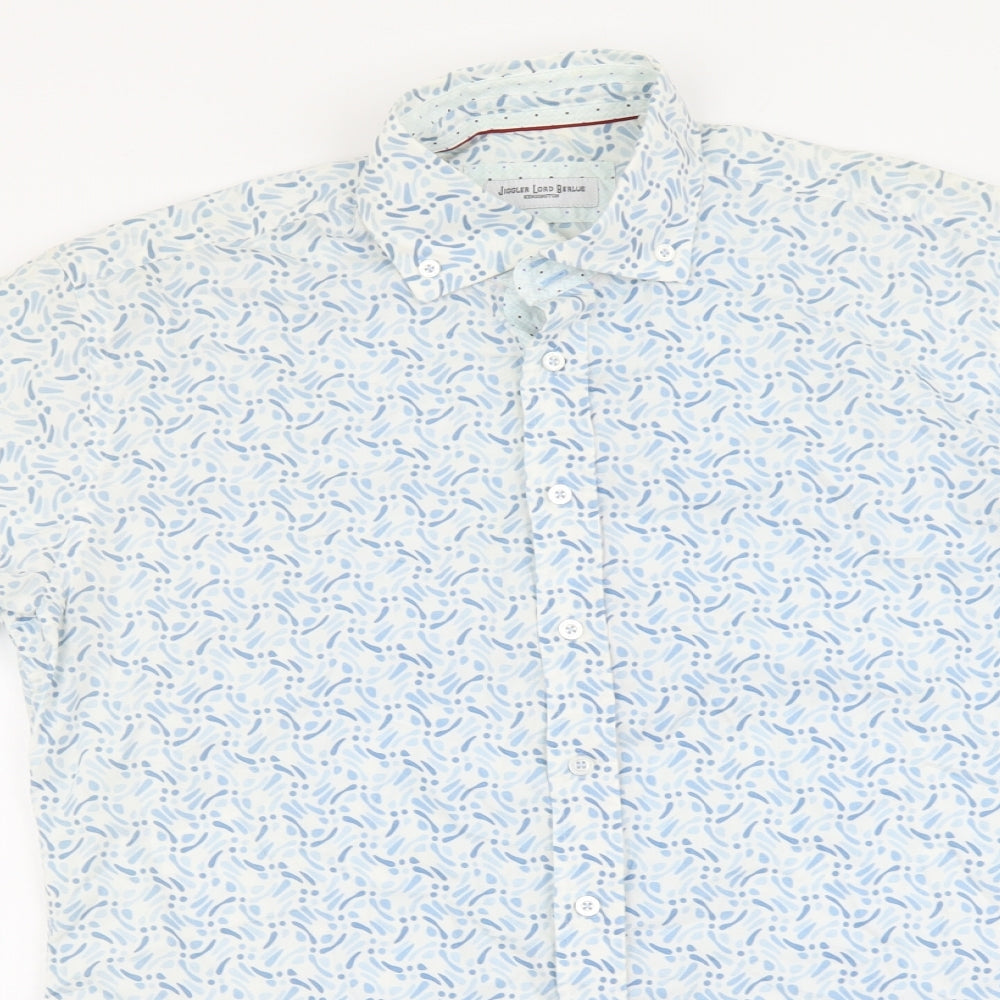 Jiggler Lord Bealle Mens Blue Geometric Cotton Button-Up Size LT Collared Button