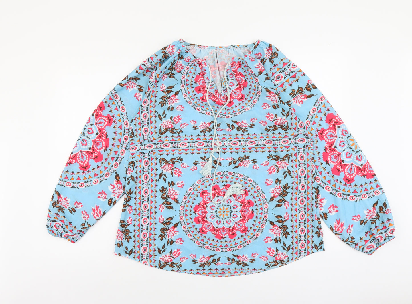 SheIn Womens Blue Floral Polyester Basic Blouse Size M V-Neck
