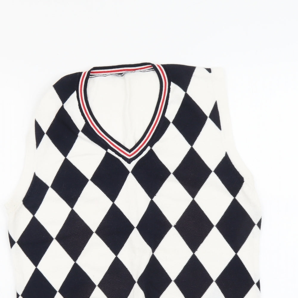 Daily Womens White V-Neck Check Cotton Vest Jumper Size XL