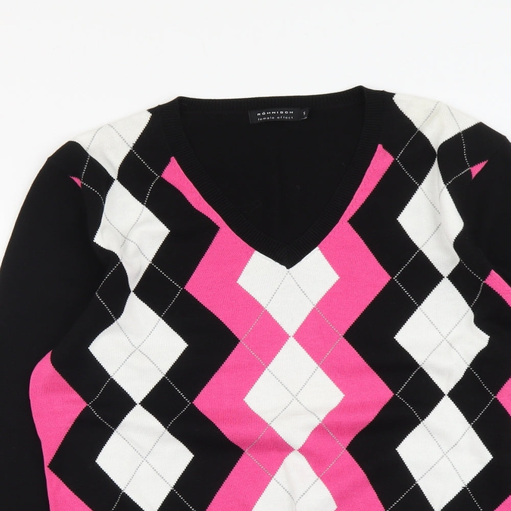 Róhnisch Womens Black V-Neck Plaid Cotton Pullover Jumper Size XL