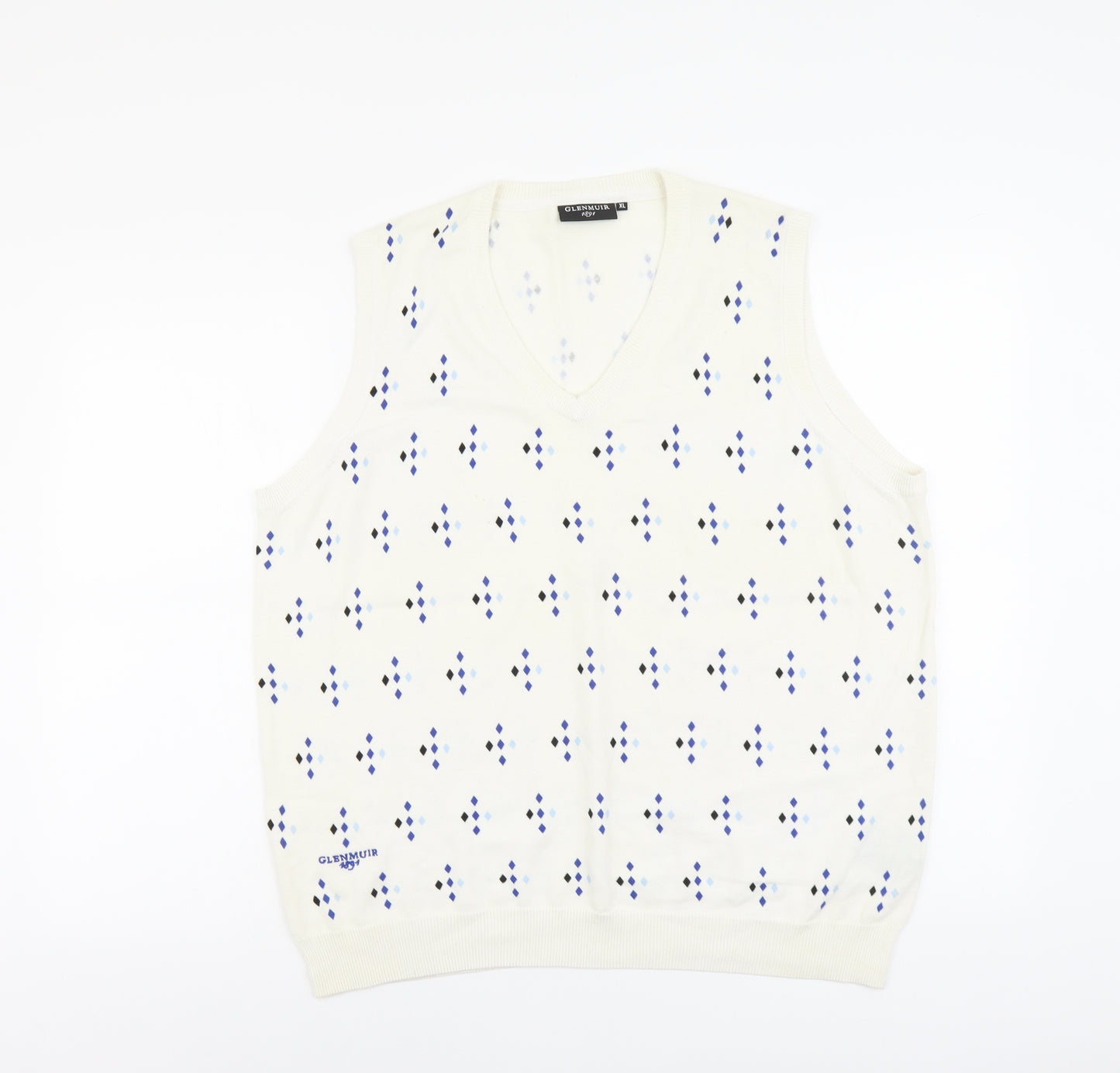 Glenmuir Mens Ivory V-Neck Geometric Cotton Vest Jumper Size XL Sleeveless