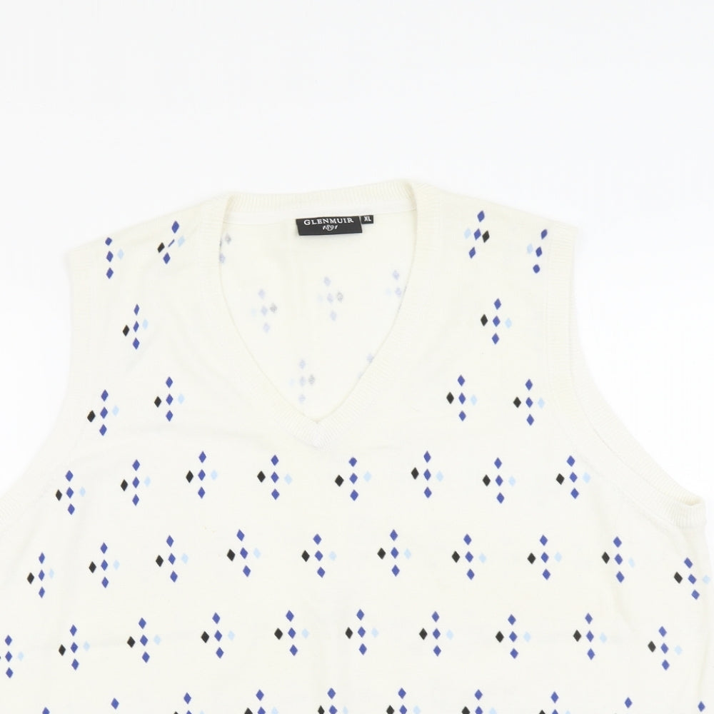 Glenmuir Mens Ivory V-Neck Geometric Cotton Vest Jumper Size XL Sleeveless